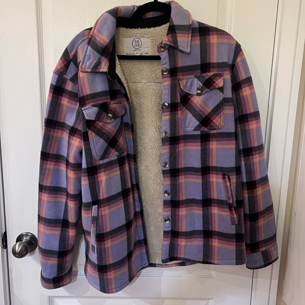 Plaid Button-Up Jacket with Sherpa Lining